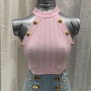Balmain Pink Ribbed Mock Neck Tank with Gold-Tone Medallion Buttons